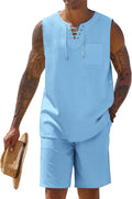 Mens Linen Sets Outfits 2 Piece Beach Tank Top and Shorts Set