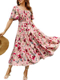 Boho Flowy Square Neck Floral Midi Dress - Flattering Summer Fit Shoes