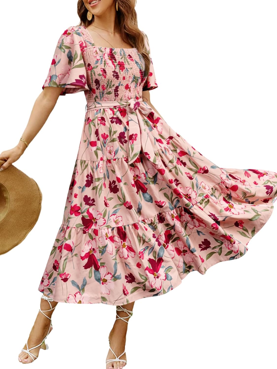Amegoya Women's Boho Flowy Long Sleeve Floral Midi Dress