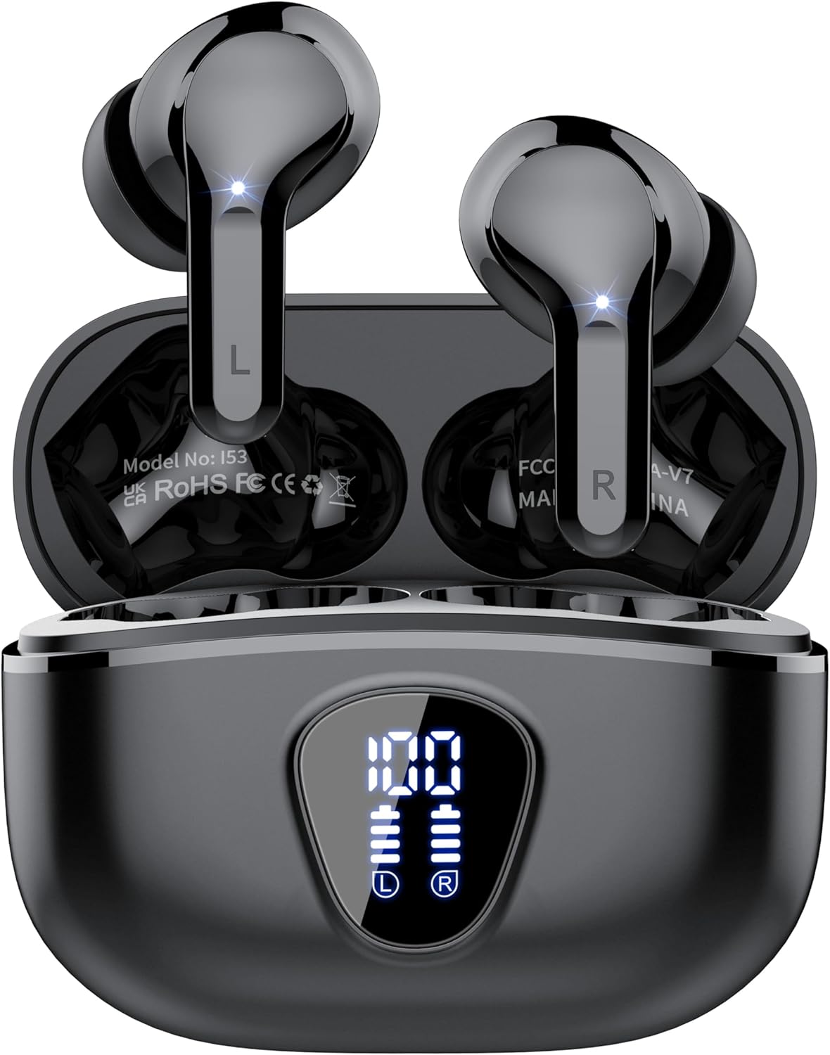 HiFi Stereo Bluetooth Earbuds, Noise-Cancelling Mic, IP7 Waterproof, 48H Battery, LED Display, Mysterious Black