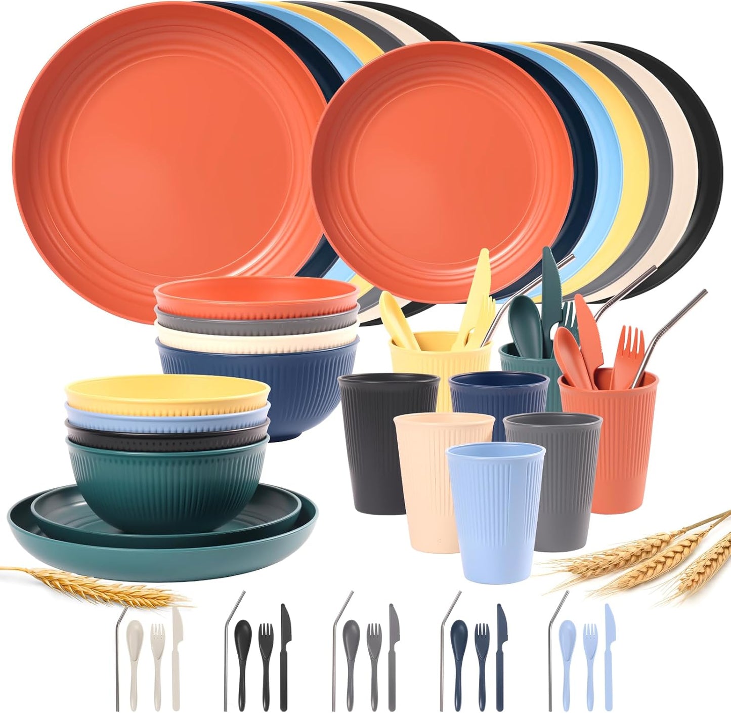 64PCS Wheat Straw Dinnerware Set for 8 - Unbreakable Kitchen Set