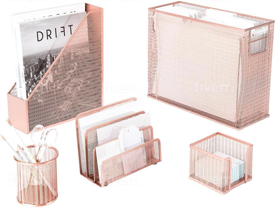 5 Piece Rose Gold Desk Organizer Set for Stylish Office Decor