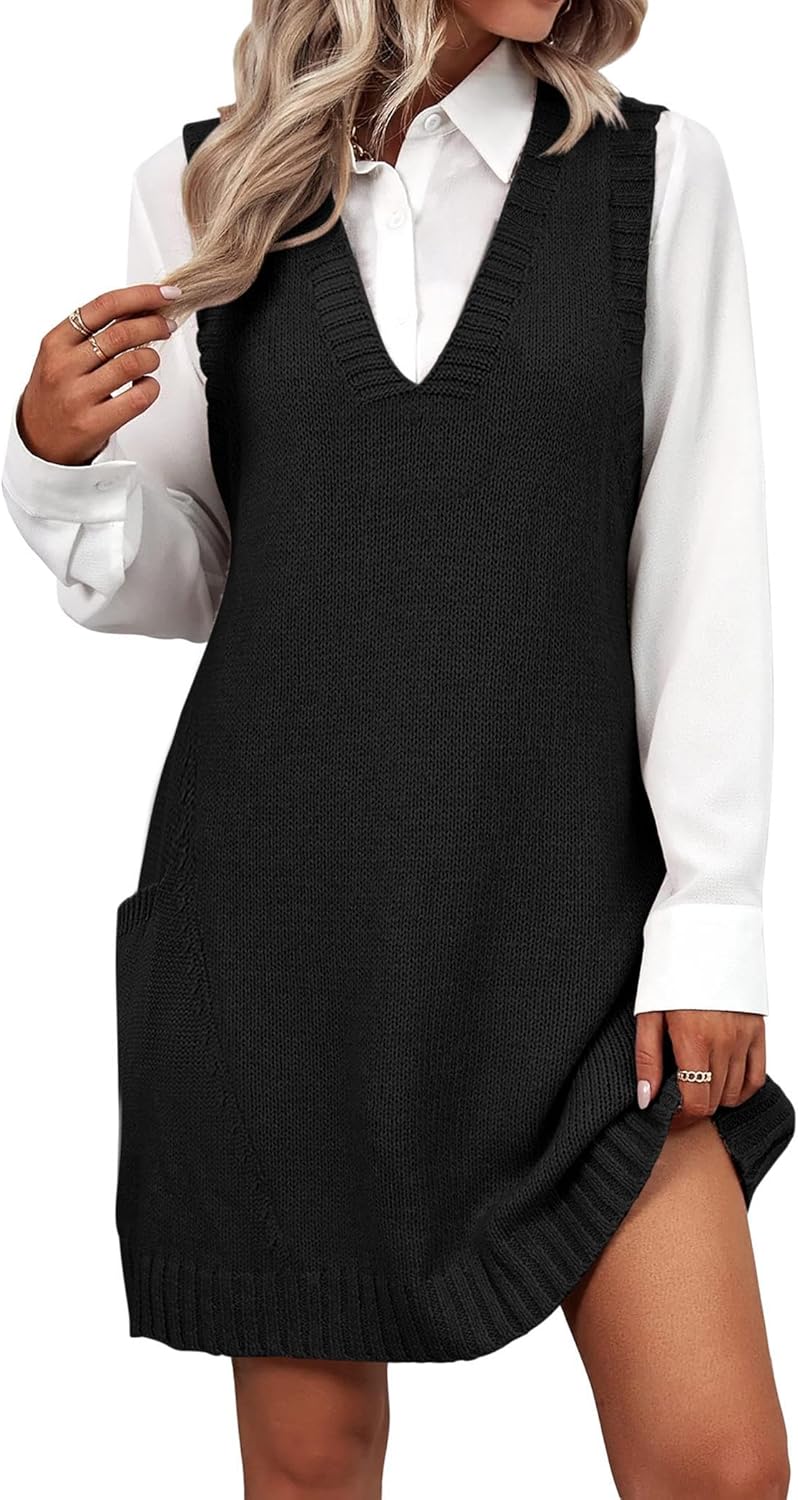 Stylish Knitted Sweater Vest Dress with Pockets for Women