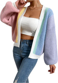 SHENHE Women's Color Block Cropped Ribbed Knit Cardigan - Stylish