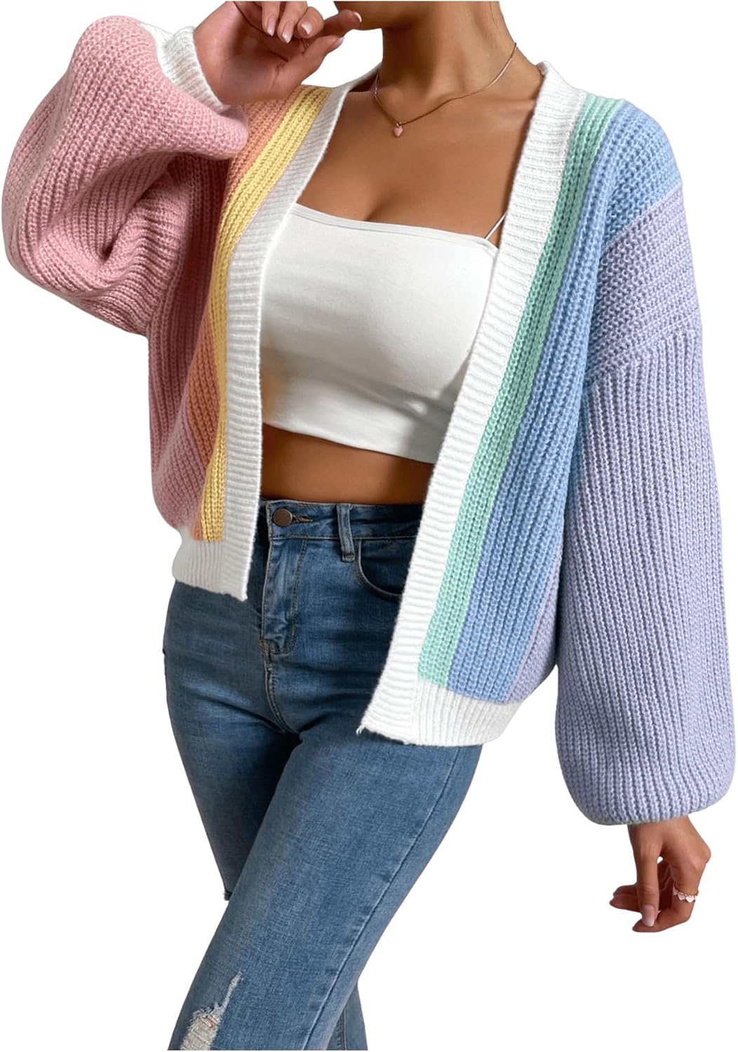 SHENHE Women's Color Block Open Front Long Sleeve Cardigan
