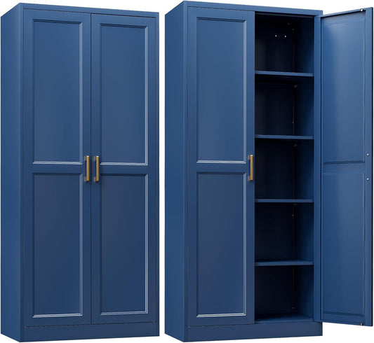 Stylish 71in Blue Metal Pantry Cabinet with Adjustable Shelves
