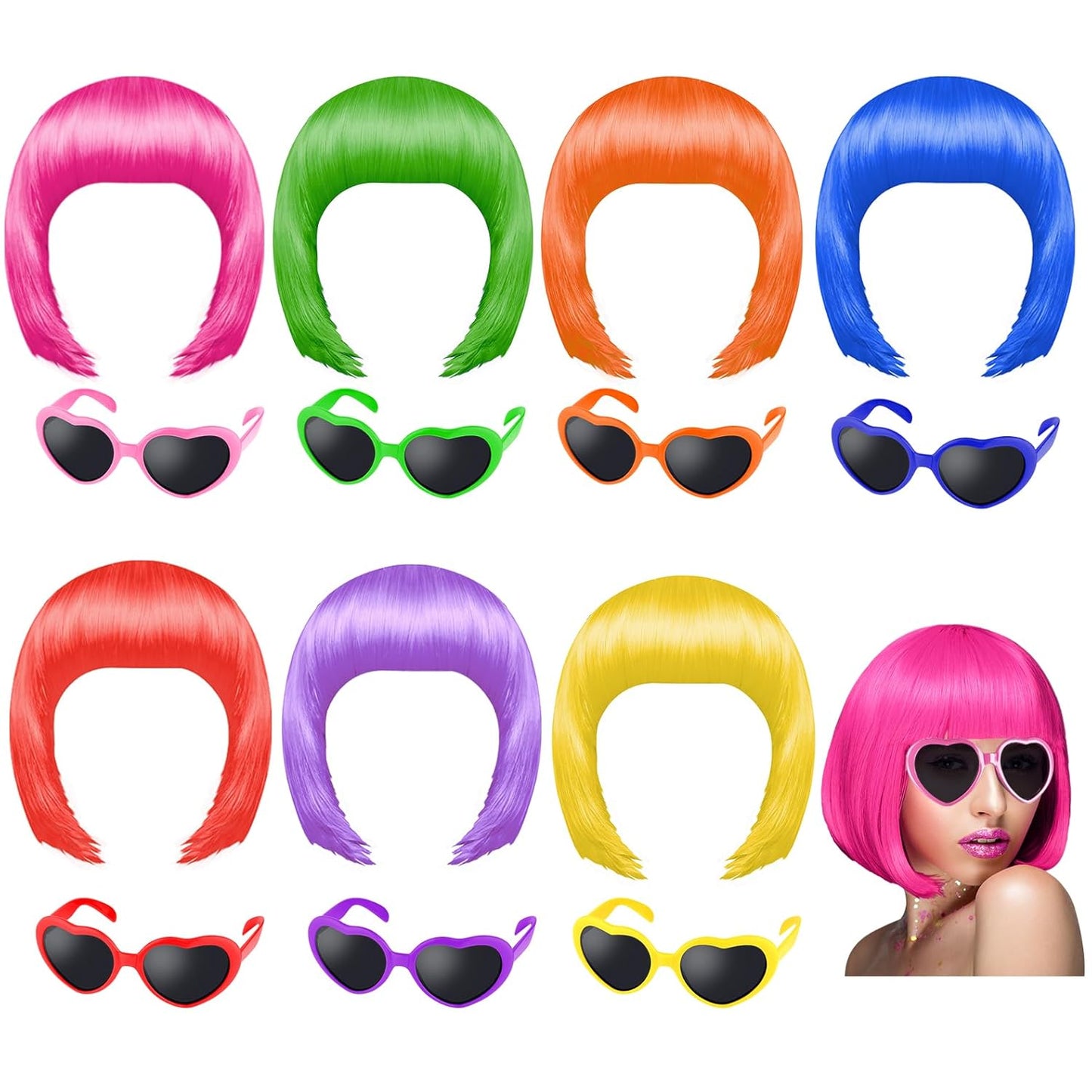 Vibrant 7 Pieces Party Wigs and Sunglass Set for Fun Events