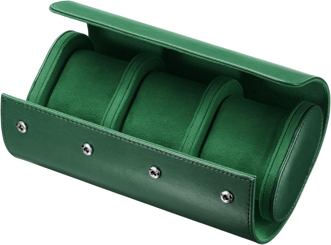 Luxury Green Leather Watch Roll - 3 Slot Organizer