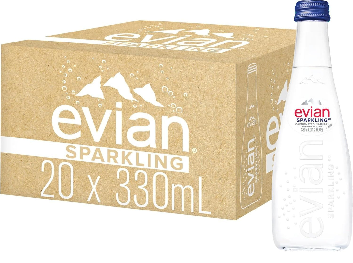 evian Sparkling Carbonated Natural Water in Glass Bottles