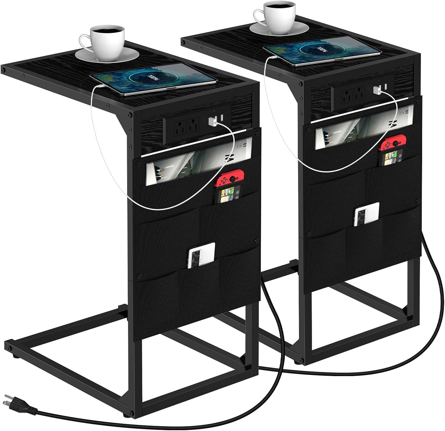 C Shaped End Table Set, Stylish Charging Station Duo