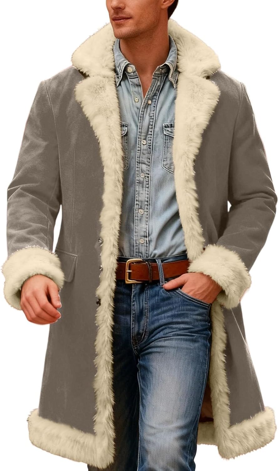Men's Santa Coat Fleece Lined Long Cardigan for Christmas Fun