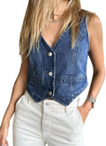 Womens Denim Vest Crop Top Sleeveless V Neck Button Down - Y2K Style