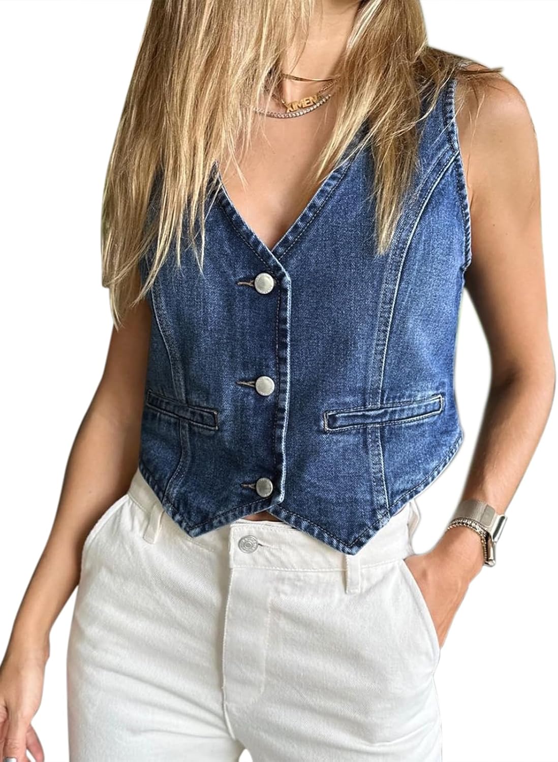 Imily Bela Womens Denim Vest Stylish V Neck Button Down Jacket