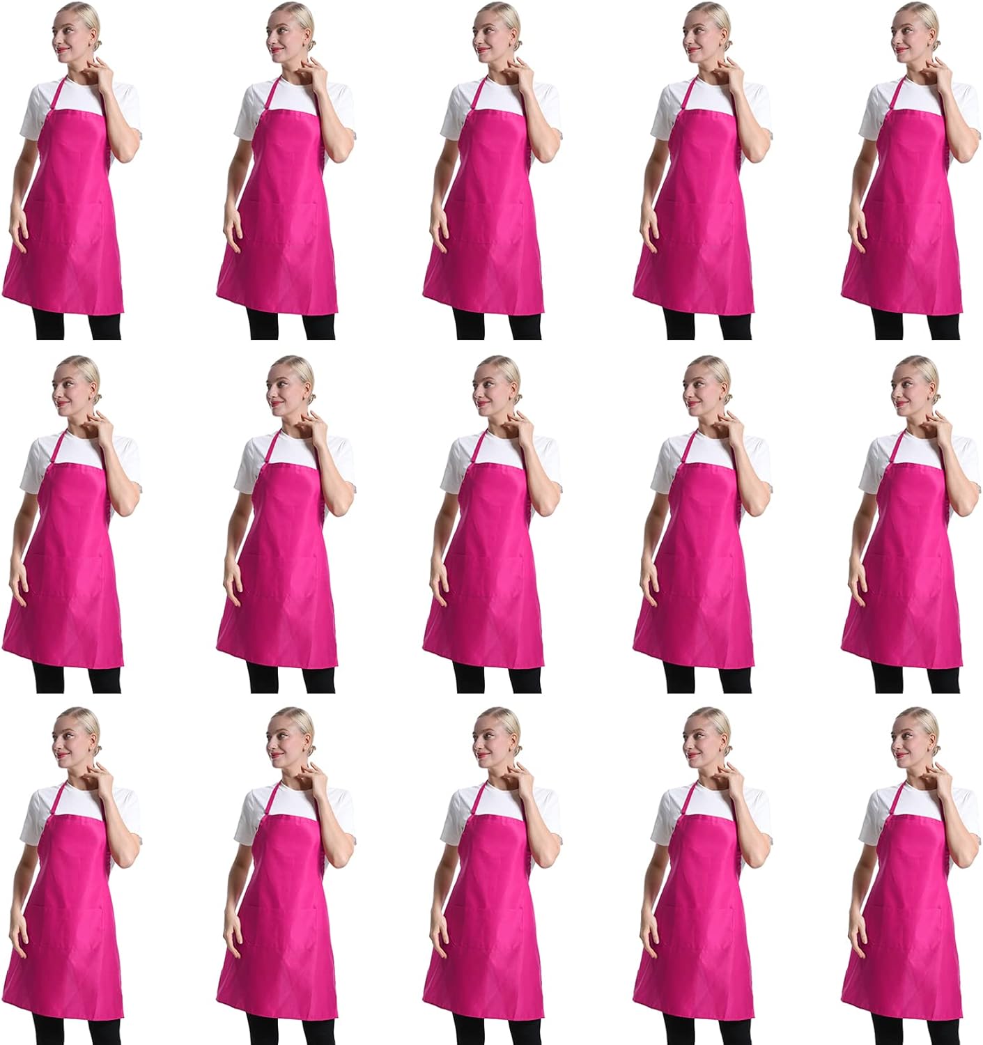 Pink Plain Bib Aprons Bulk for Adults with 2 Front Pockets