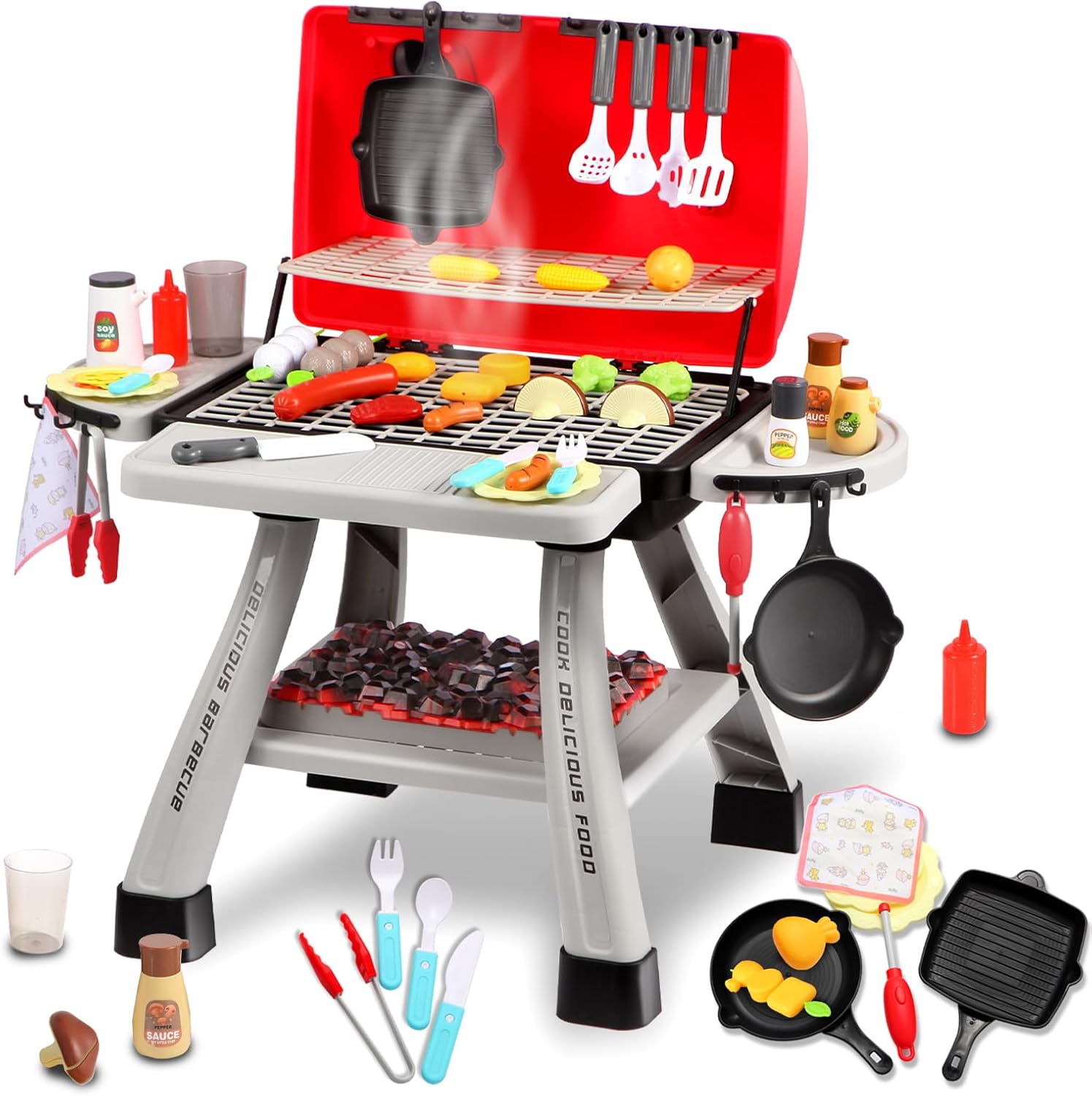 Interactive Kids Play Kitchen Set w/ Grill & Smoke Effect