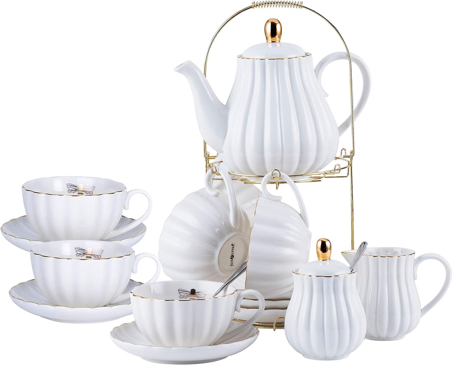 Jusalpha Fine China White Coffee Cup Set for 6 with Teapot