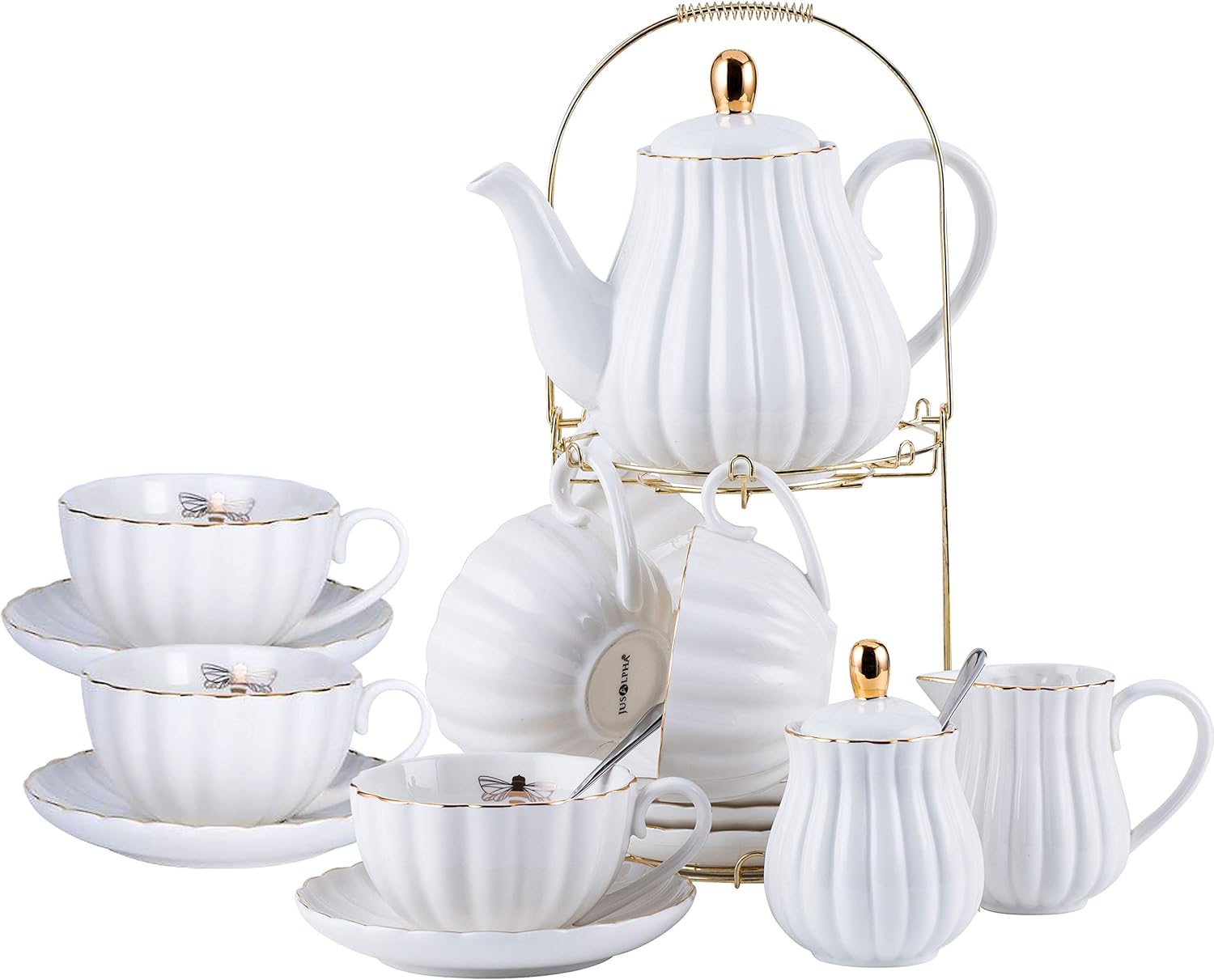 Jusalpha Fine China White Coffee Cup Set for 6 with Teapot
