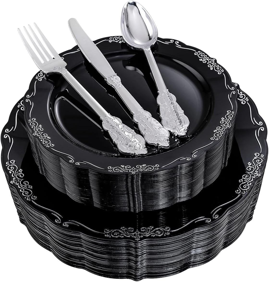 DaYammi 150 Pcs Black Silver Plastic Plates for Halloween Party