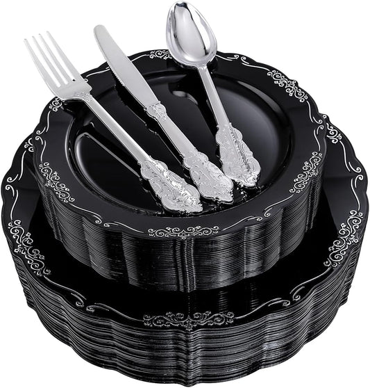 DaYammi 150 Pcs Black Silver Plastic Plates for Halloween Party