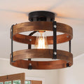 Rustic Farmhouse Wood Flush Mount Ceiling Light - Oak Wood & Black