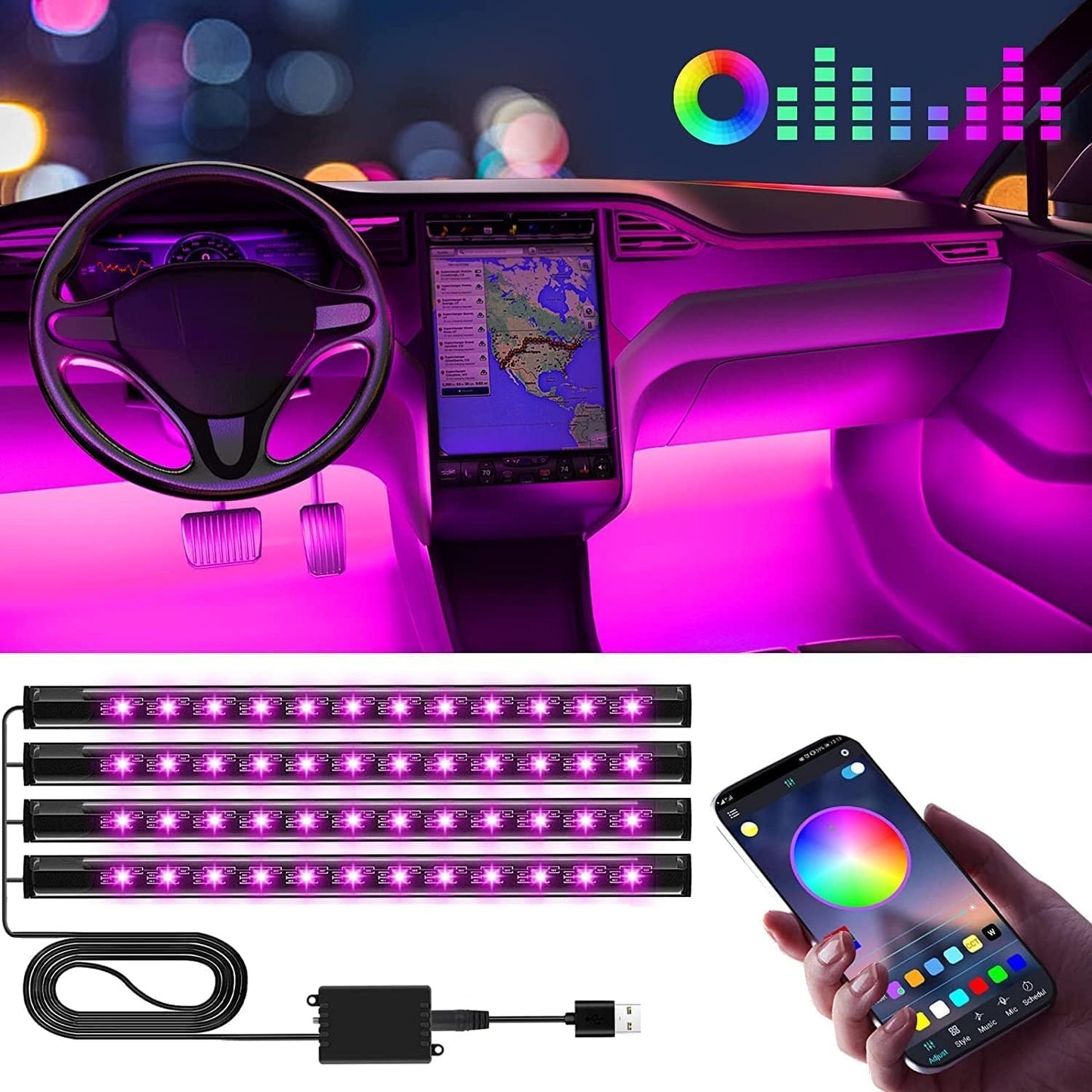 APP Controlled LED Car Lights - Music Sync, USB Port