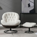Plush Swivel Chair + Ottoman Set, Mid-Century Modern, White