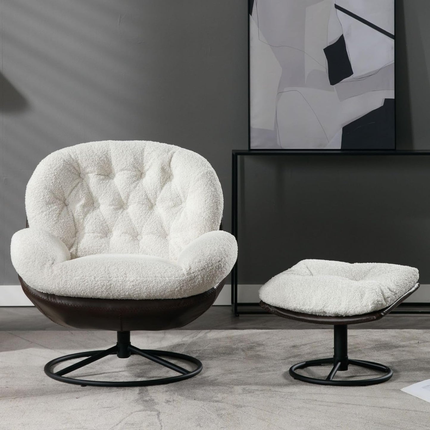 Plush Swivel Chair + Ottoman Set, Mid-Century Modern, White