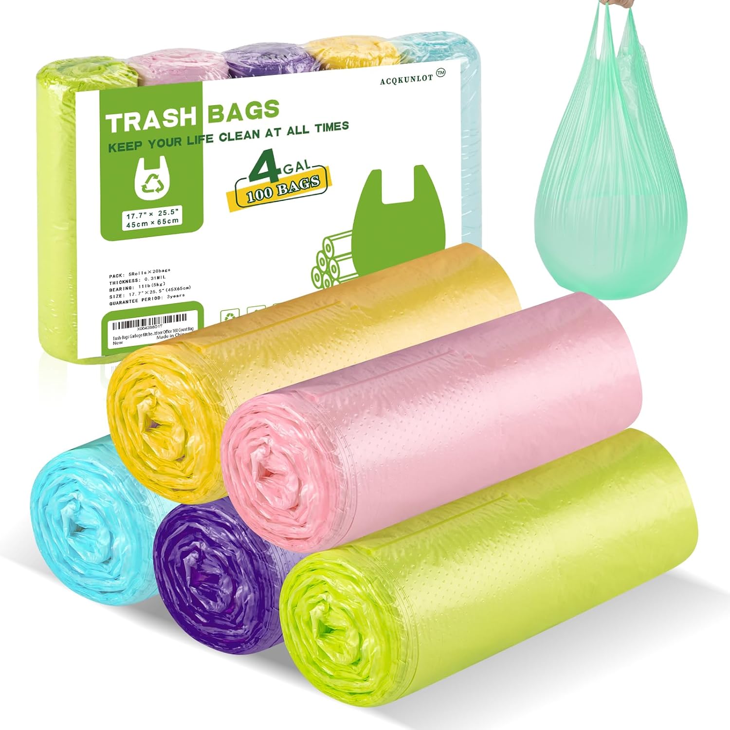100 Count Small Trash Bags - Colorful, Sturdy, Handles - ACQKUNLO