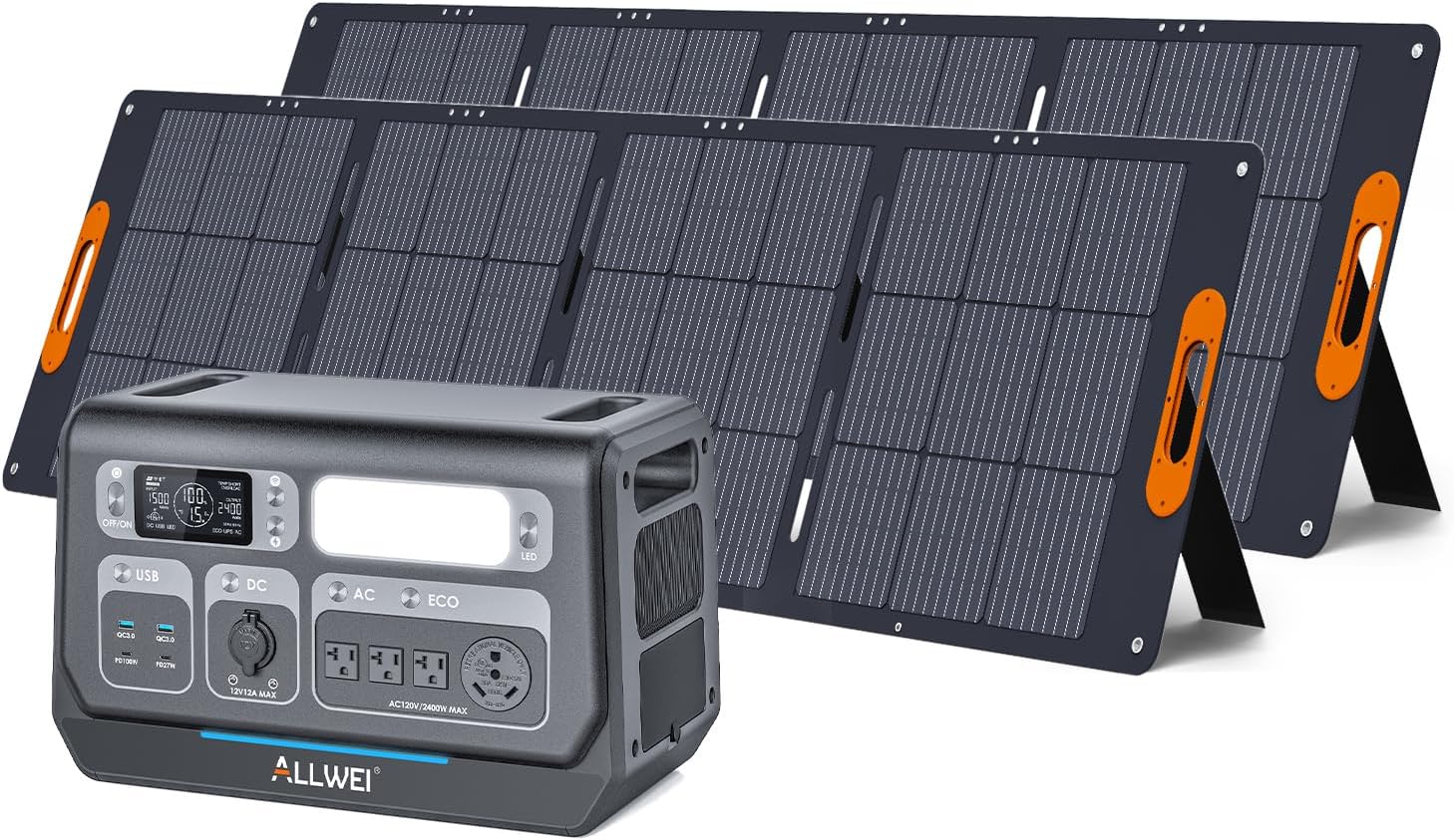 ALLWEI 2400W Solar Generator + 2 Solar Panels - Portable Power Station