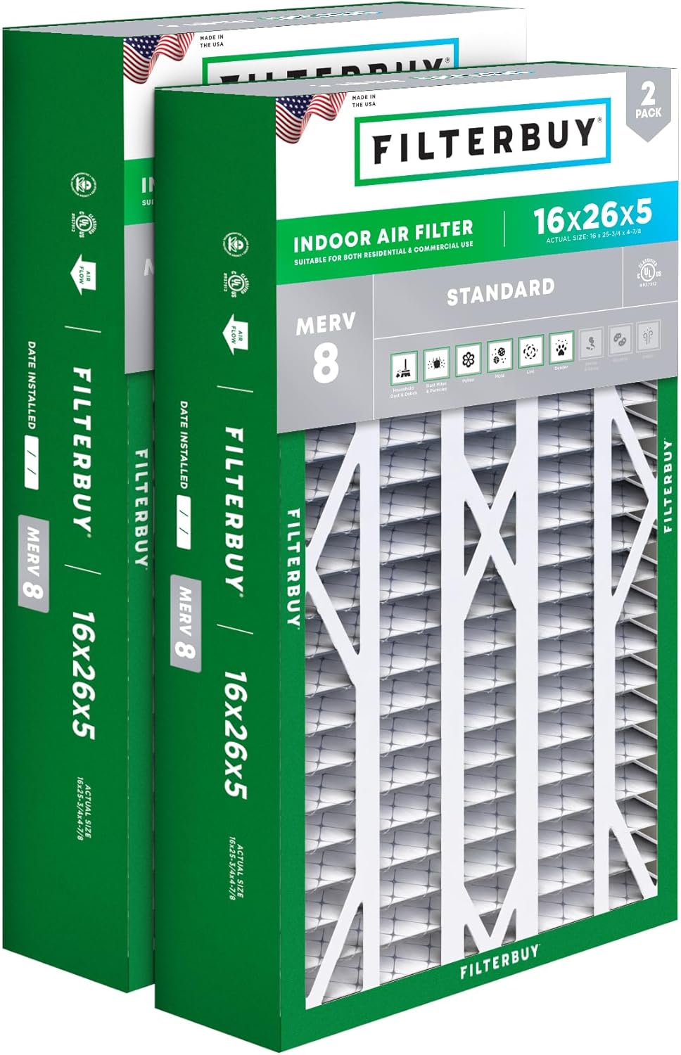 Filterbuy 16x26x5 Air Filter MERV 8 for Dust and Allergies