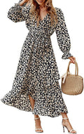 Long Sleeve Wrap Maxi Dress V Neck Boho Floral - Flowy Ruffle Style