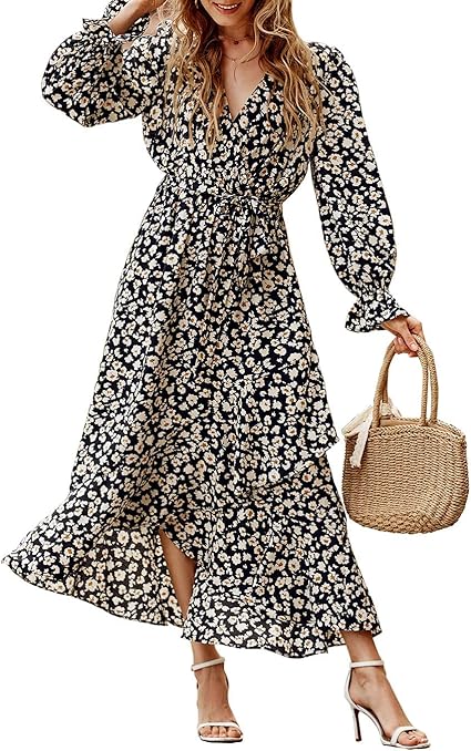 BTFBM Women Long Sleeve Wrap Maxi Dress for Summer and Fall