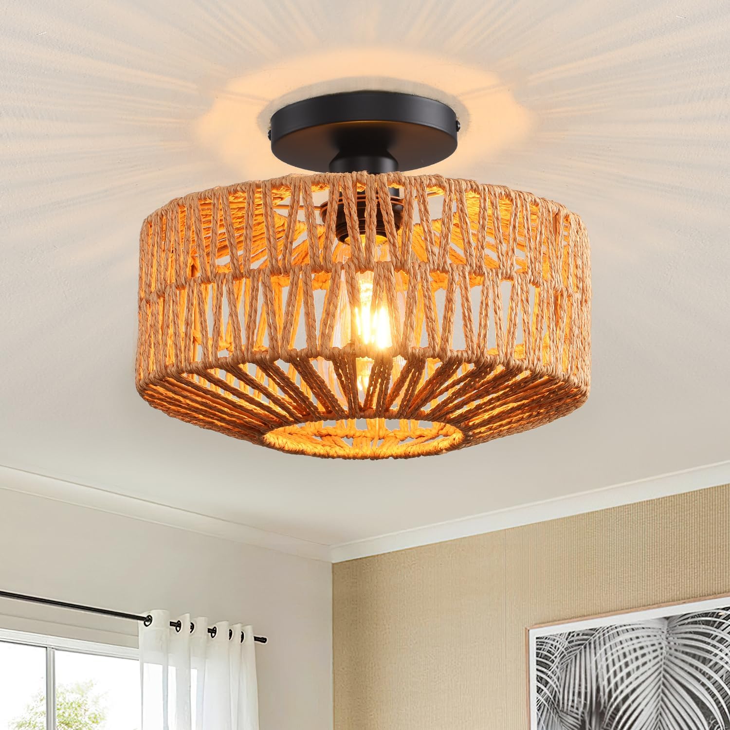 Hand-Woven Rattan Flush Mount Ceiling Light for Boho Homes