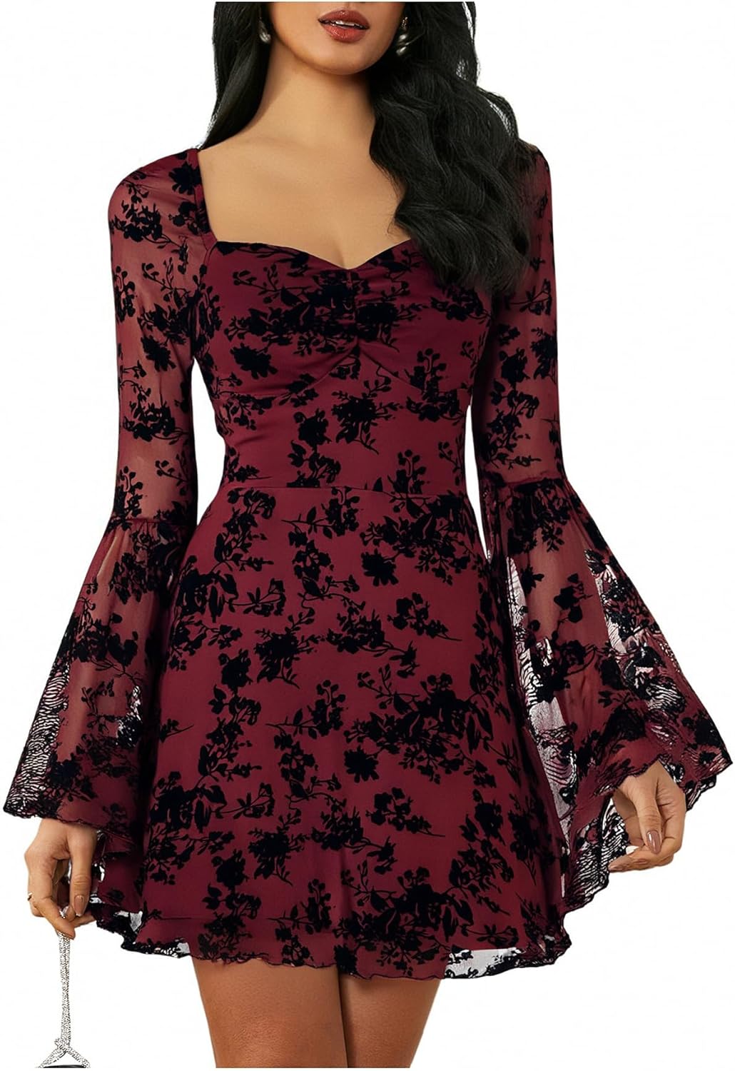 WDIRARA Women's Floral Jacquard Mesh Gothic Dress for Vintage Style