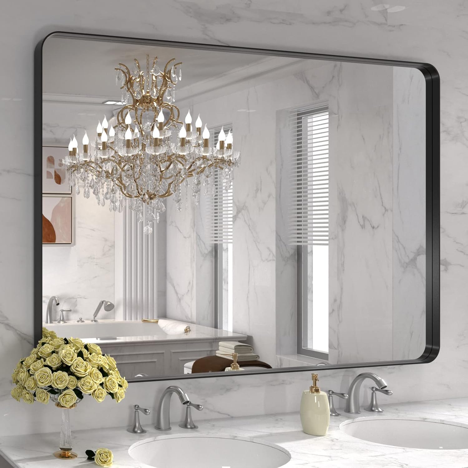 LOAAO 48X32 Inch Black Metal Framed Bathroom Mirror for Wall