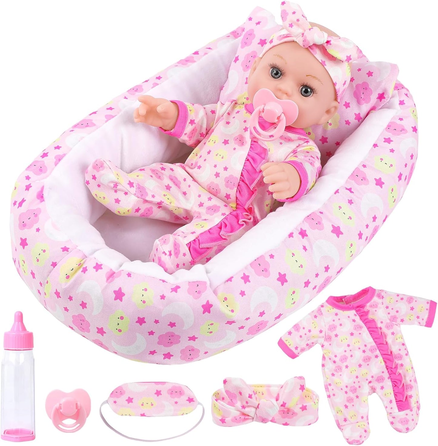DONTNO 12 Baby Doll Set - Soft Sleep Bassinet, Clothes & Accessories