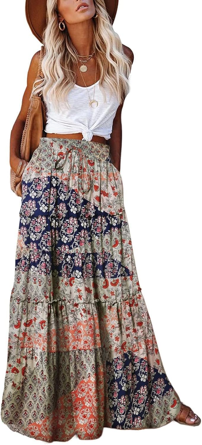 EARKOHA Womens Casual High Waist Tie Maxi Skirt with Pockets