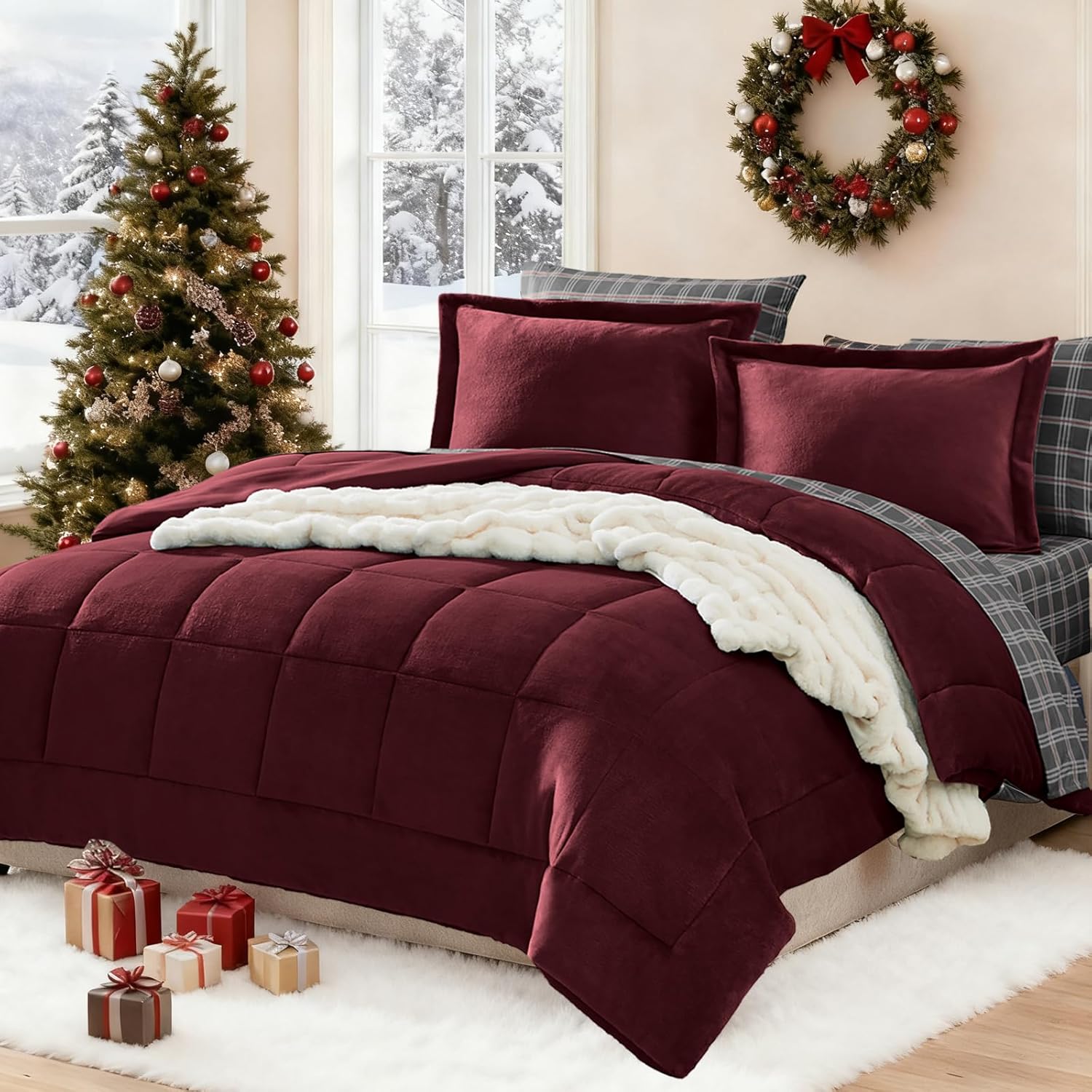 Plush Comforter Set Full Size Burgundy for Cozy Winter Nights