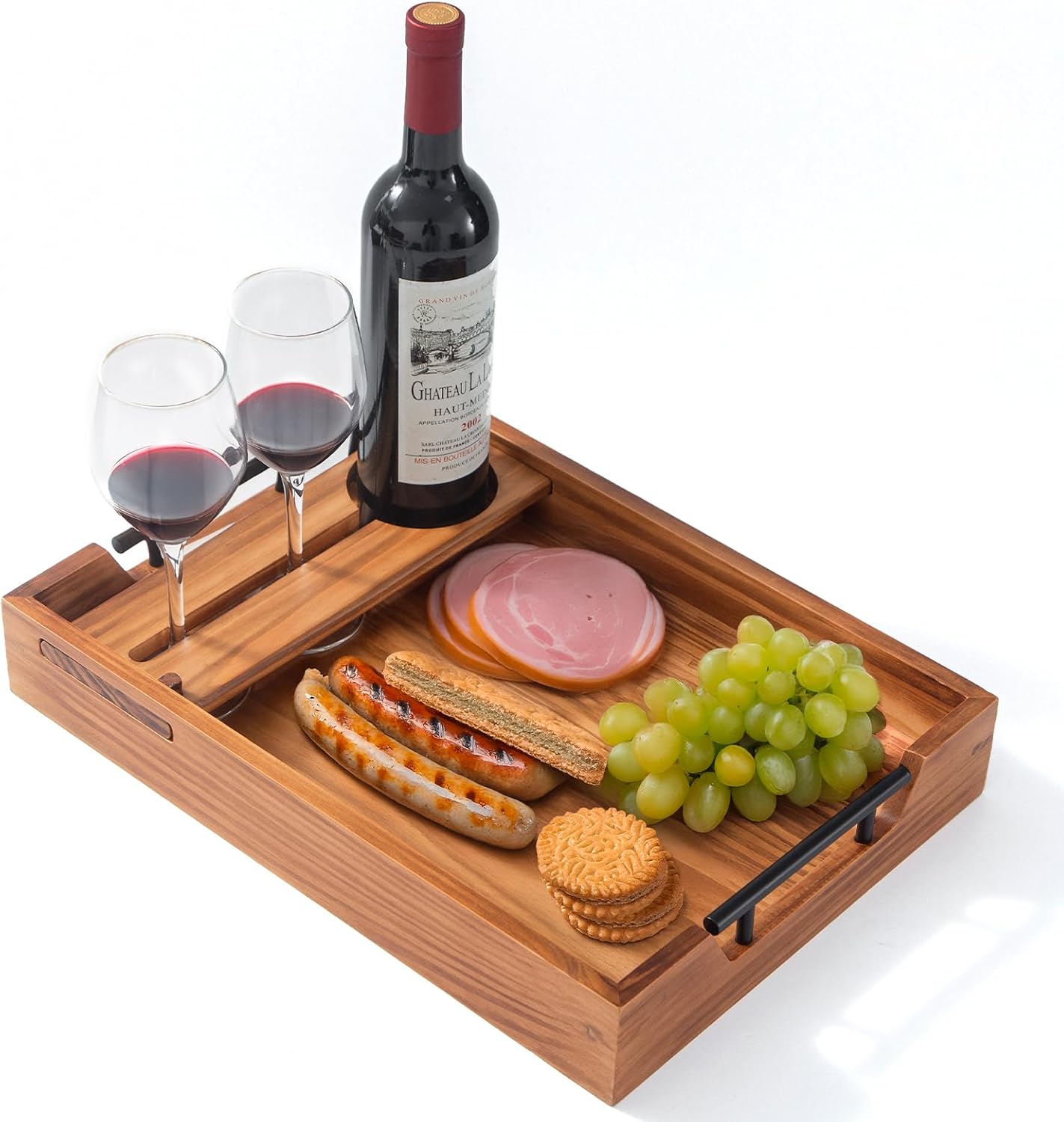 Wooden Serving Tray with Handles and Detachable Wine Glass Holder