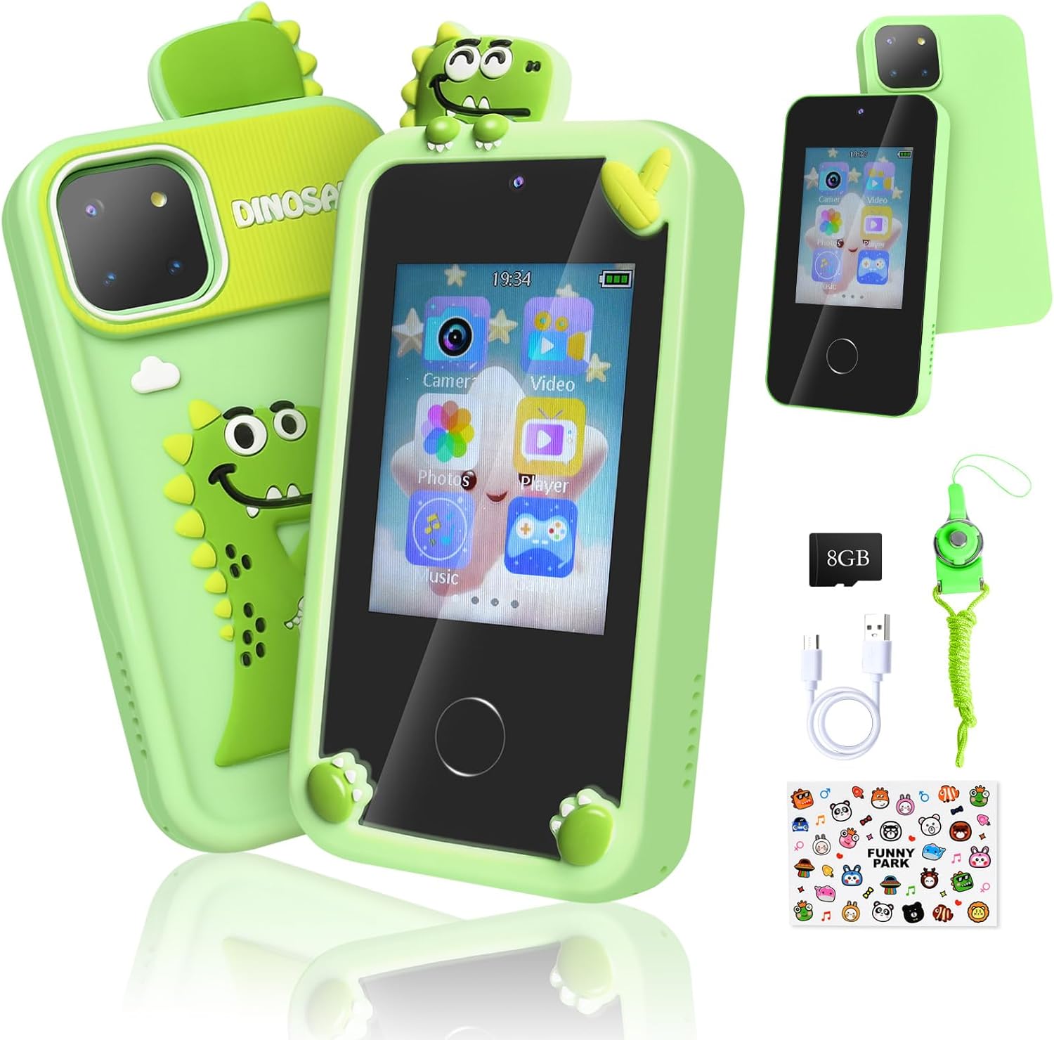 Dinosaur Kids Smart Phone - Dual Camera, Music/Games, 8GB SD ~ Ages 3-12