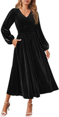 ZESICA Velvet Midi Dress 2025 V Neck Long Sleeve - Flattering Fit