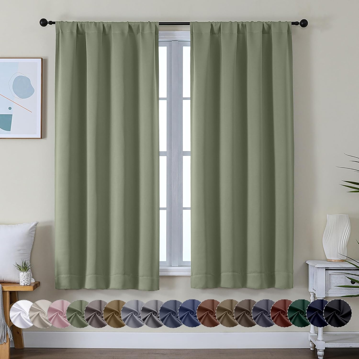 Energy-Saving Sage Green Blackout Curtains - 63 Inch Length