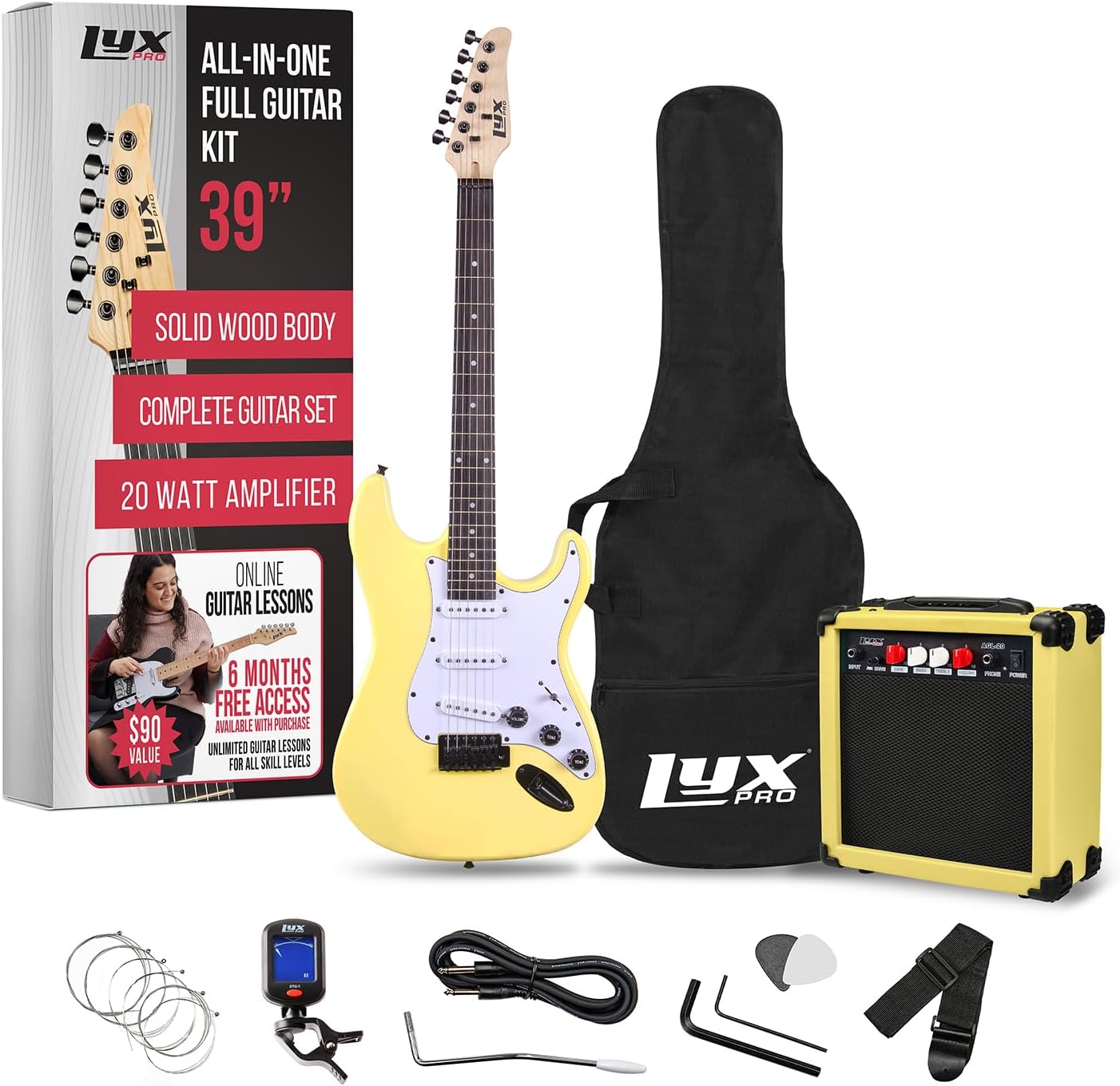 LyxPro 39 Electric Guitar Kit Bundle - Complete Starter Set in Retro Yellow