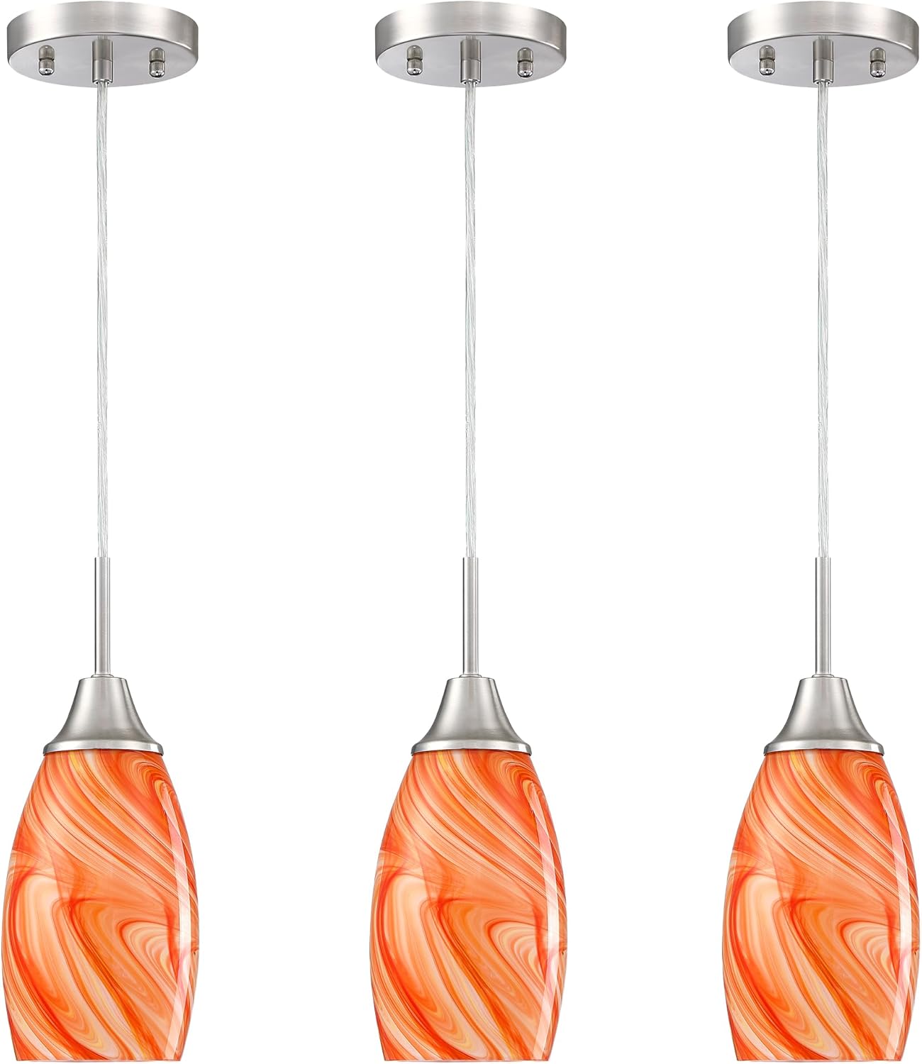 Mini Glass Pendant Light with Handblown Orange Marble Art