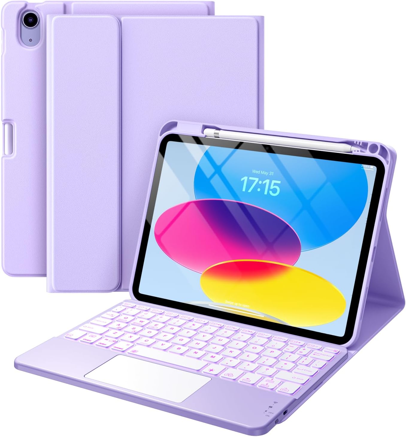 Harvopu iPad 10 Gen Keyboard Case: 7 Color Backlit, Trackpad, Pencil Holder