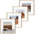 Solid Oak 12x12 Picture Frames Set of 4 - Matted to 8x8, Beige Oak