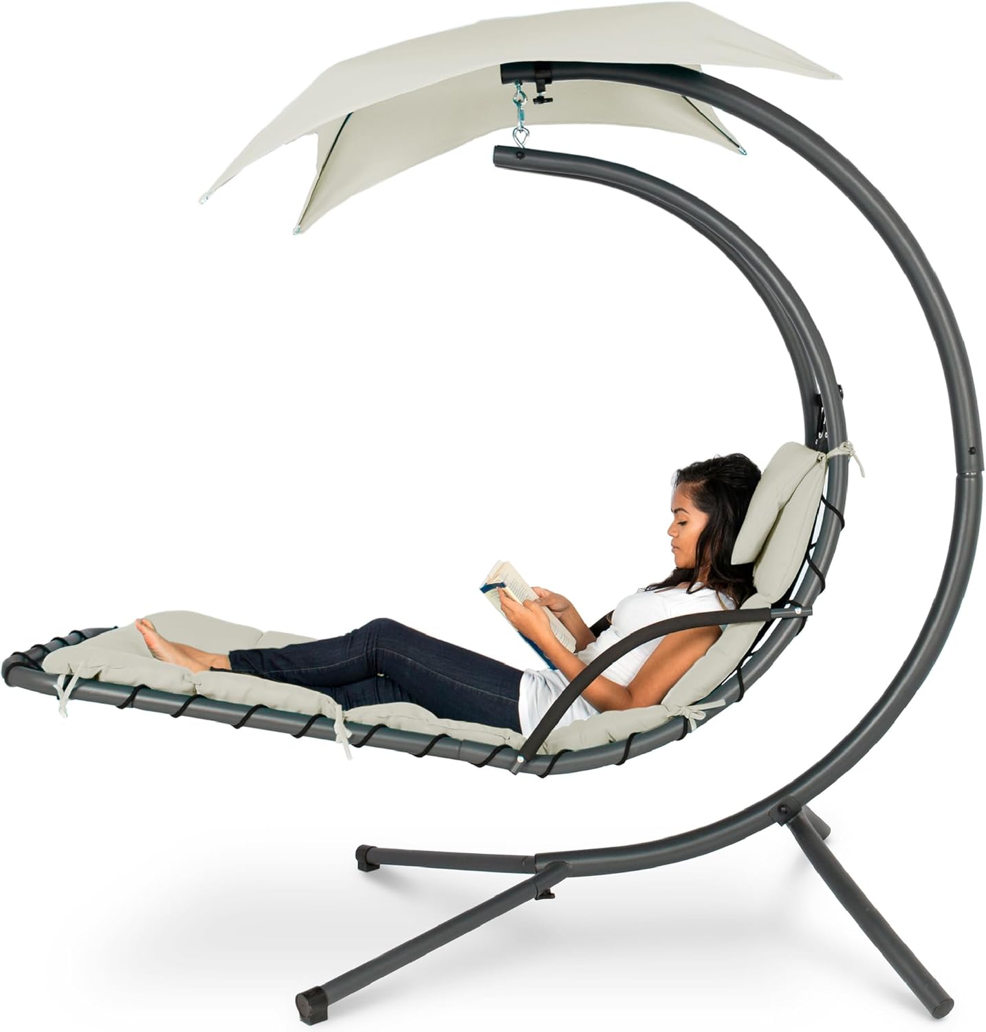 Outdoor Hanging Curved Steel Chaise Lounge Chair Swing - Ivory