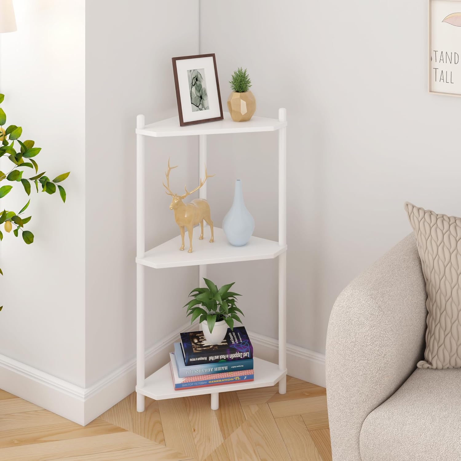 Wisuce Corner Shelf Stand - 3 Tier Bamboo Small Corner Bookshelf