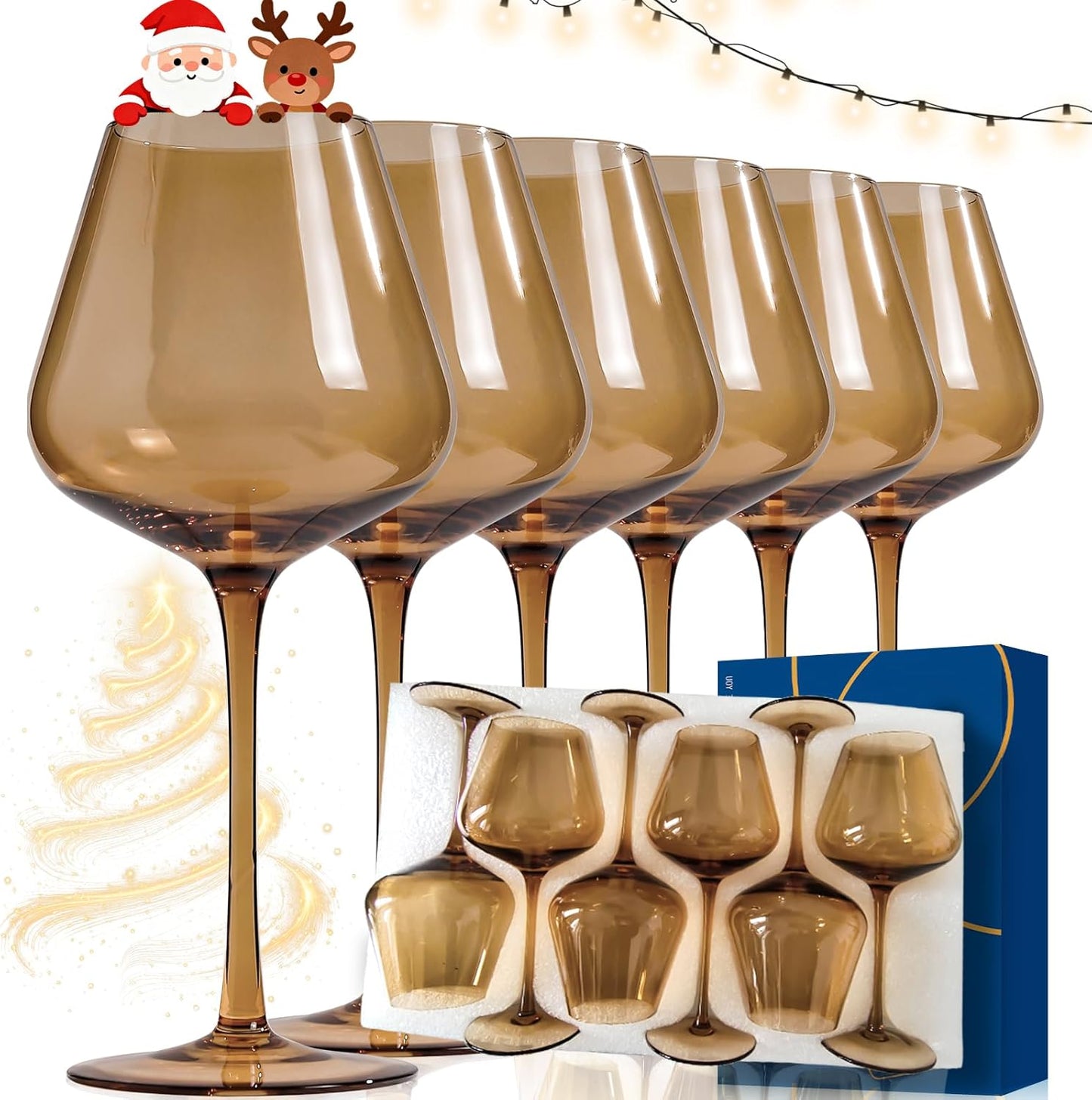 Amber Wine Glasses Set of 6 - Hand Blown 18oz Crystal Glasses