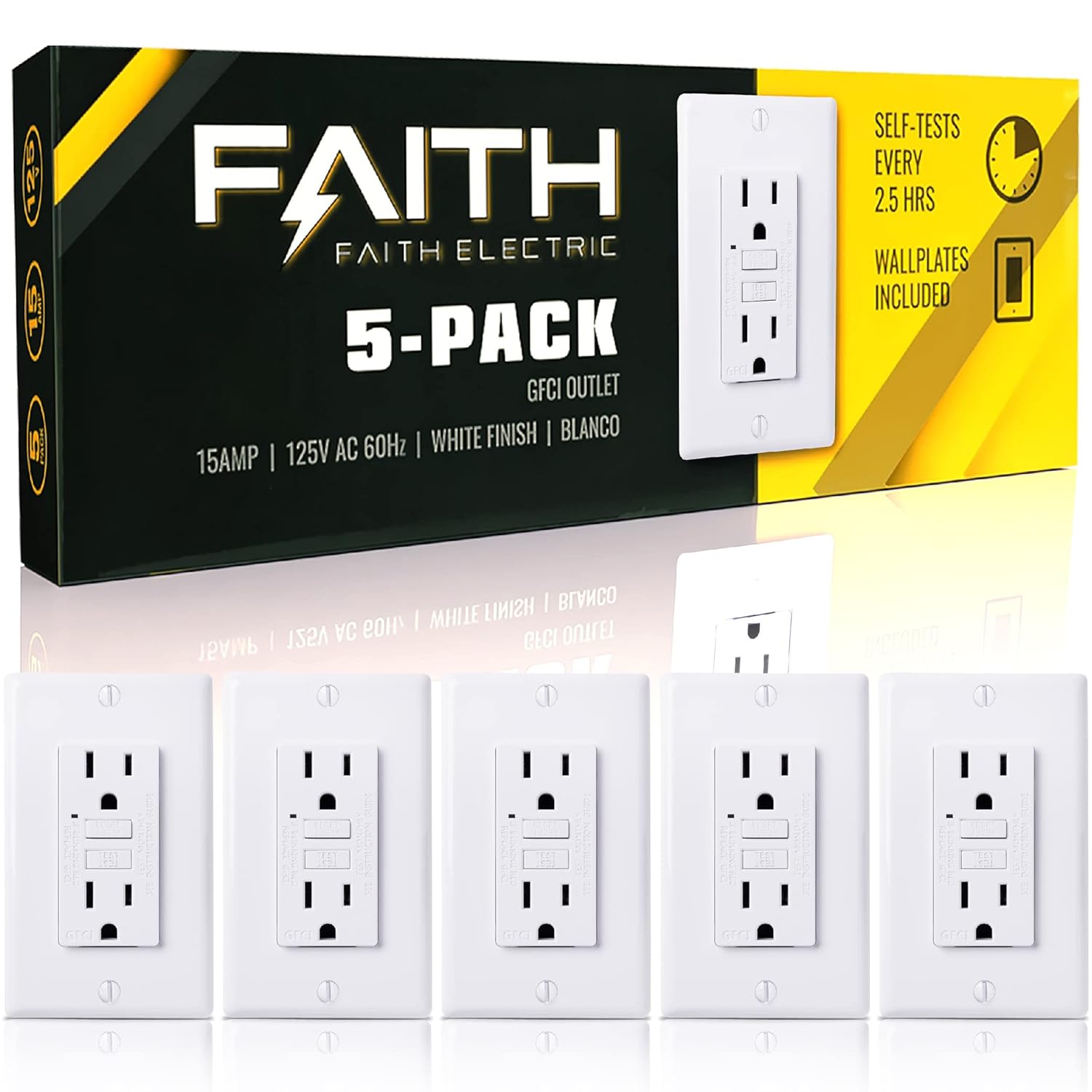 15A GFCI Outlet 5-Pack with LED Indicator for Safety